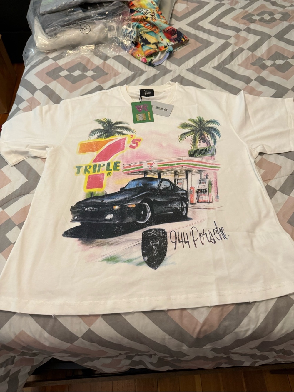 Triple 7 Vintage Style 944 Porsche Graphic Tee - White with Black Car & Palm Art